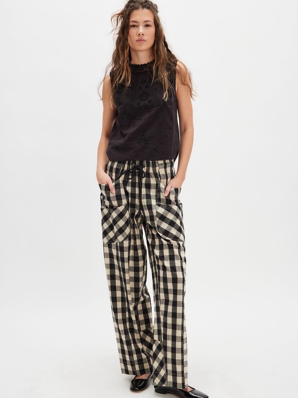 Free People Chime In Black and Cream Checked Wide-Leg Pants